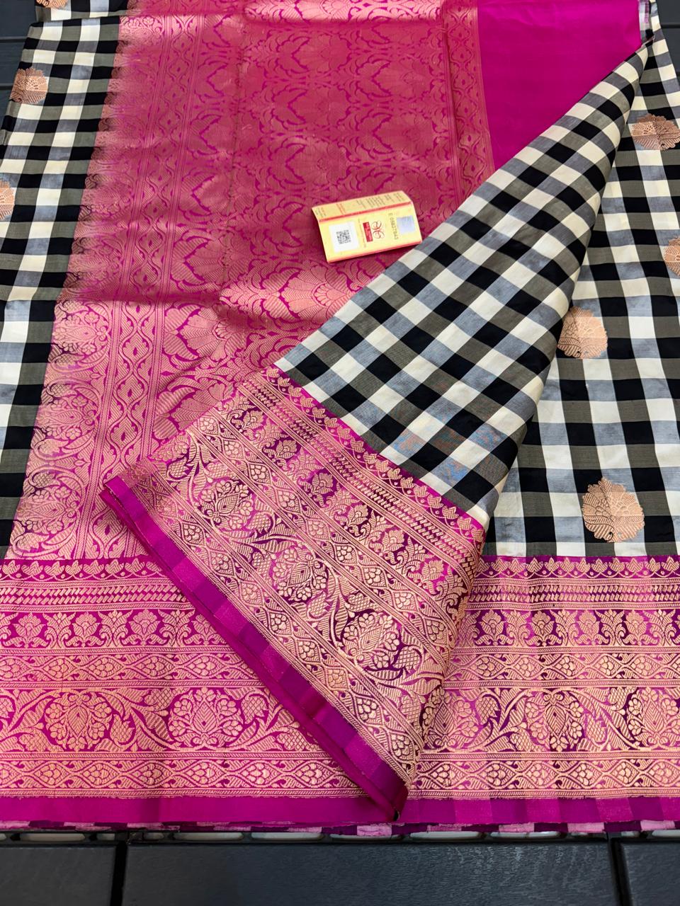 White Check Katan Silk Handloom Banarasi Saree